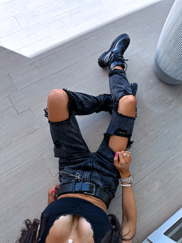 Tumši pelēkas, MOM JEANS ar lieliem plēsumiem RD6859